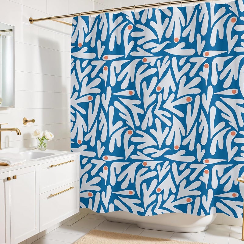 Worthwhile Goods Matisse Blue and White Boho Modern Fabric Shower Curtain, Abstract Floral Art Shower Curtain, 72x72 Inches (Matisse) - Image 1